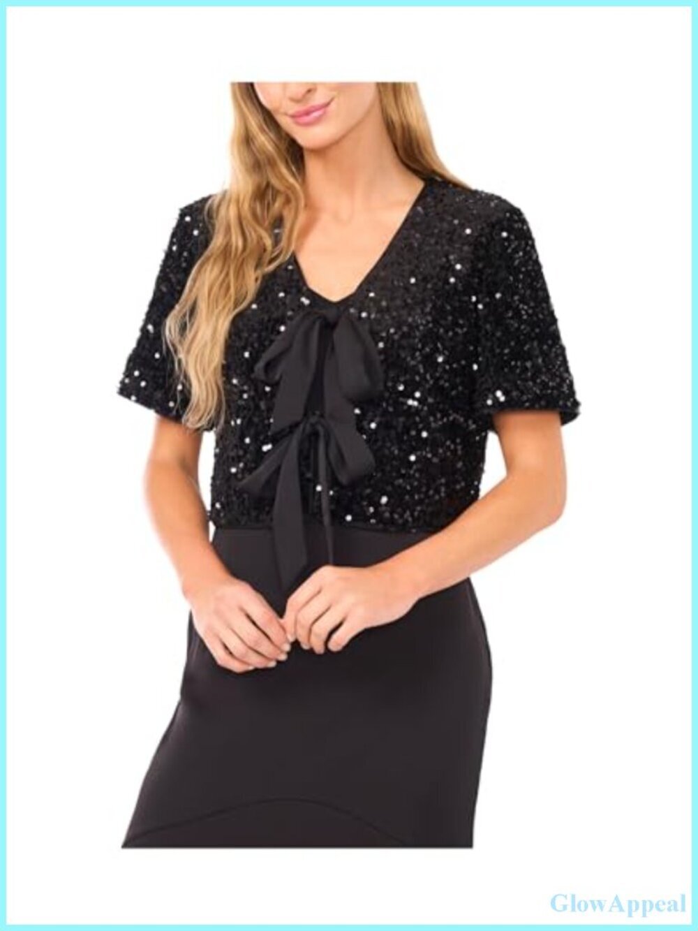 Velvet Sequin Short Sleeve Bow Front Scoop Neck Peasant Top